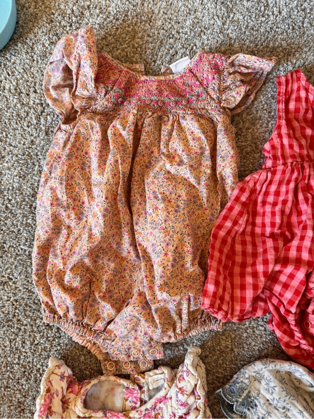 Set of 4 Baby Rompers - Floral & Gingham Mix in Coral, Red, Pink, Gray - Picture 5 of 5
